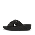 Women All Black Crystal-Buckle Leather Cross Slides