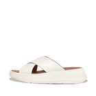 Women Cream Leather Flatform Cross Slides