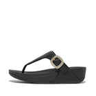 Women Black Crystal-Buckle Leather Toe-Post Sandals