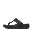 Men All Black Stripe-Embossed Leather Toe-Post Sandals