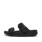 Men All Black Moc Adjustable Stripe-Embossed Leather Slides