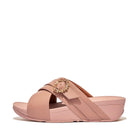 Women Beige Crystal-Buckle Leather Cross Slides