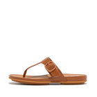 Women Light Tan Rubber-Buckle Leather Toe-Post Sandals