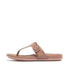 Women Beige Rubber-Buckle Leather Toe-Post Sandals