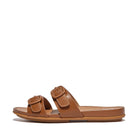 Women Light Tan Rubber-Buckle Two-Bar Leather Slides