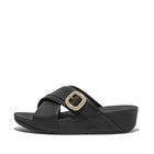 Women Black  Crystal-Buckle Leather Cross Slides