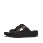 Men All Black Chi Stripe-Embossed Leather Slides